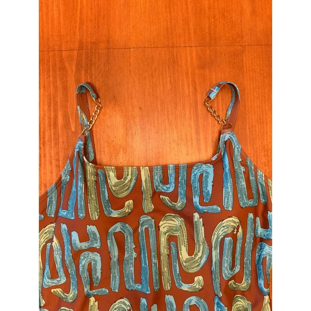 Abstract Print One Piece Swimsuit Brown Teal Gold Chain Straps XL Fits Large